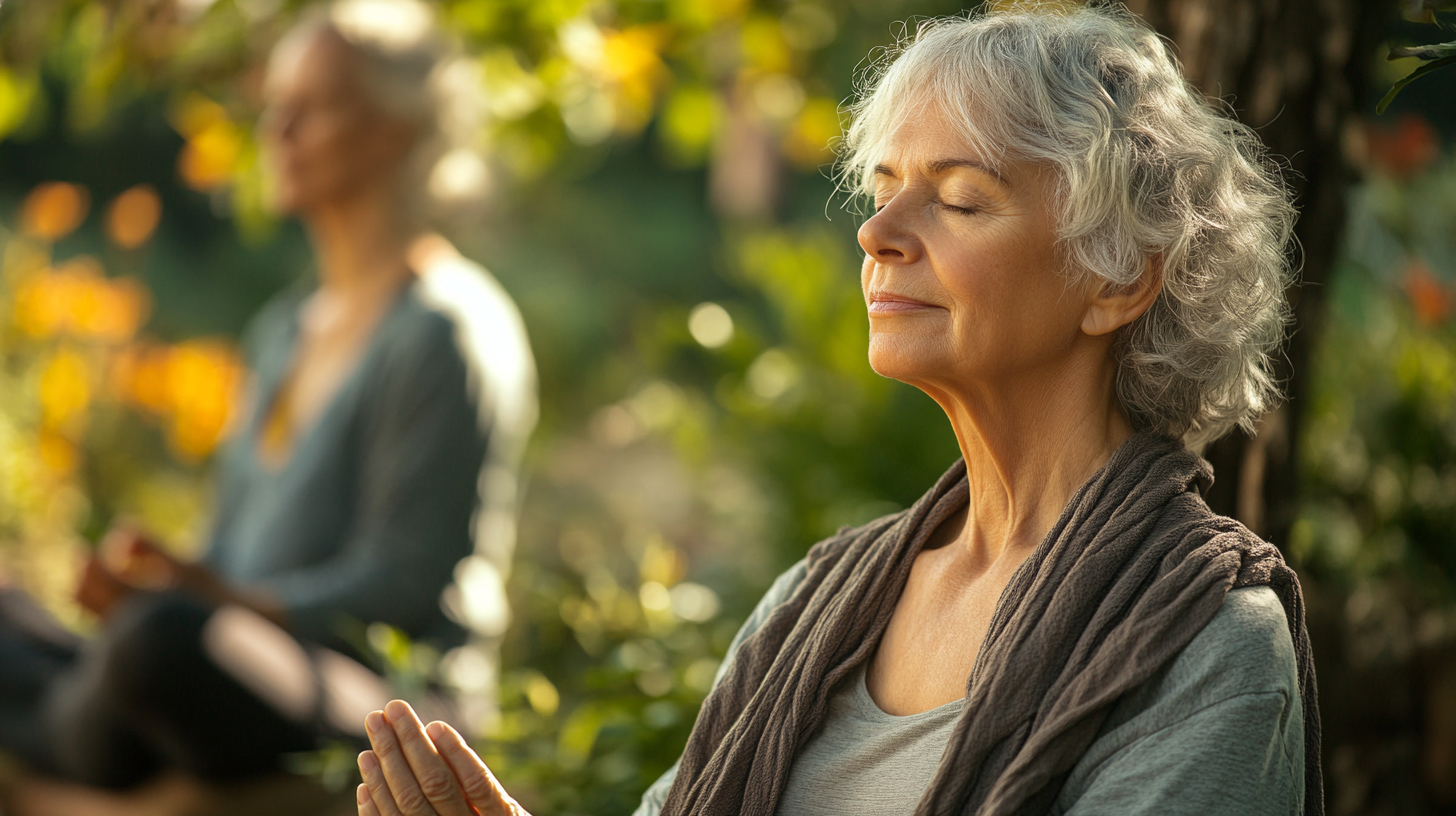 Група старших людей займається йогою в парку